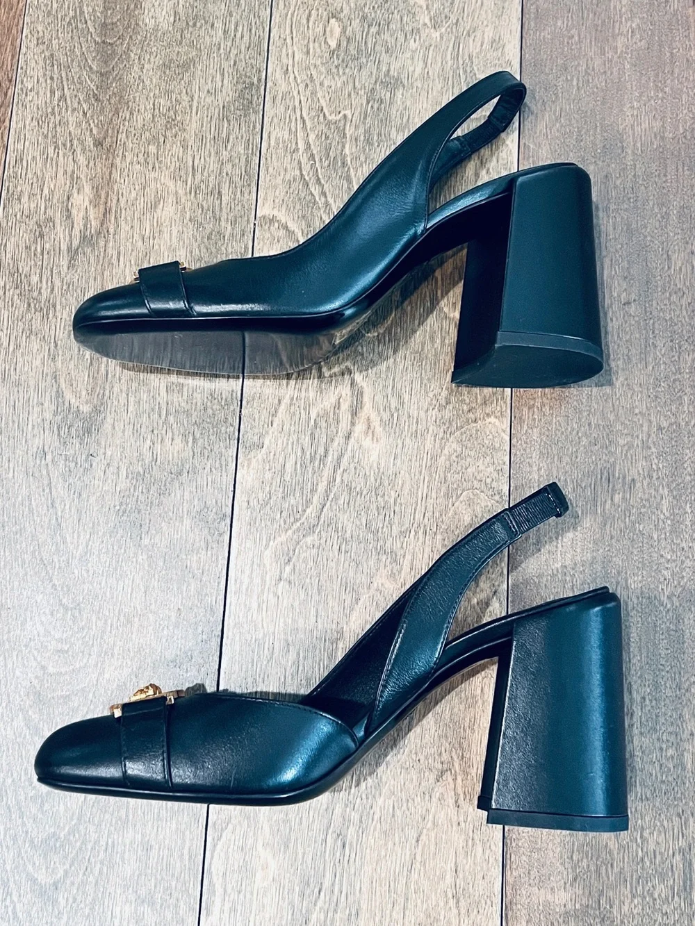 Classic Versace Black Leather Slingback Heels with Gold Medallion Accent
